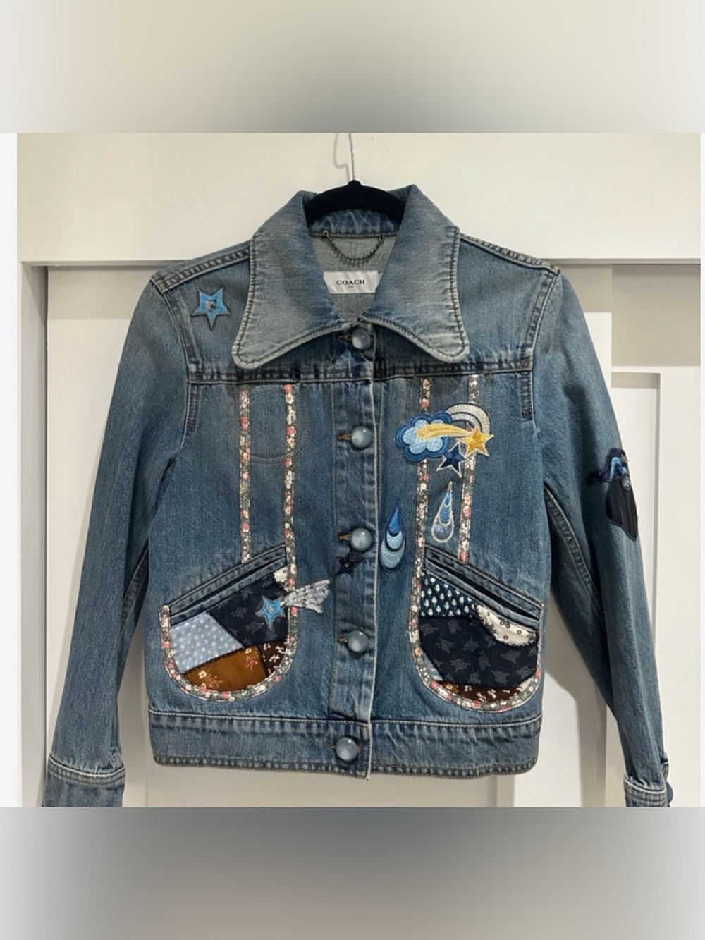 COACH Blue Embroidered Patchwork Denim Jacket-Like new, worn once